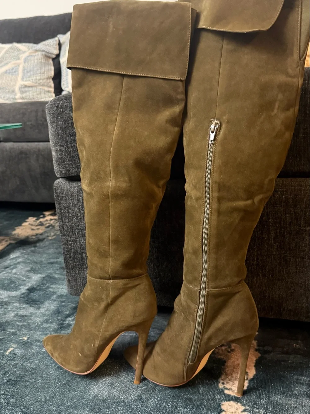 Women's Olive Green Over-the-Knee Suede High-Heel Boots